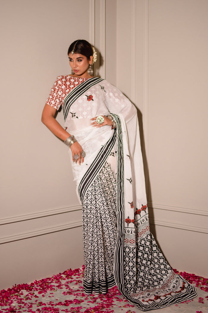 Monochrome Block Printed Chinon Saree