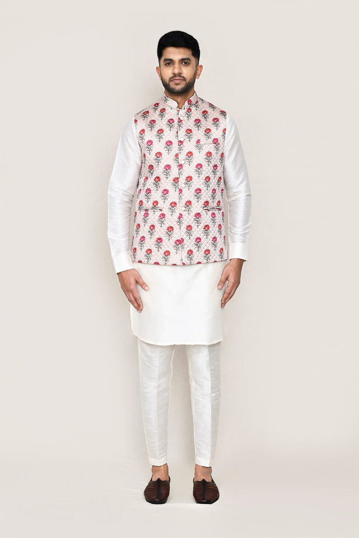 Moon White Art Silk Kurta Set With Floral Jacket