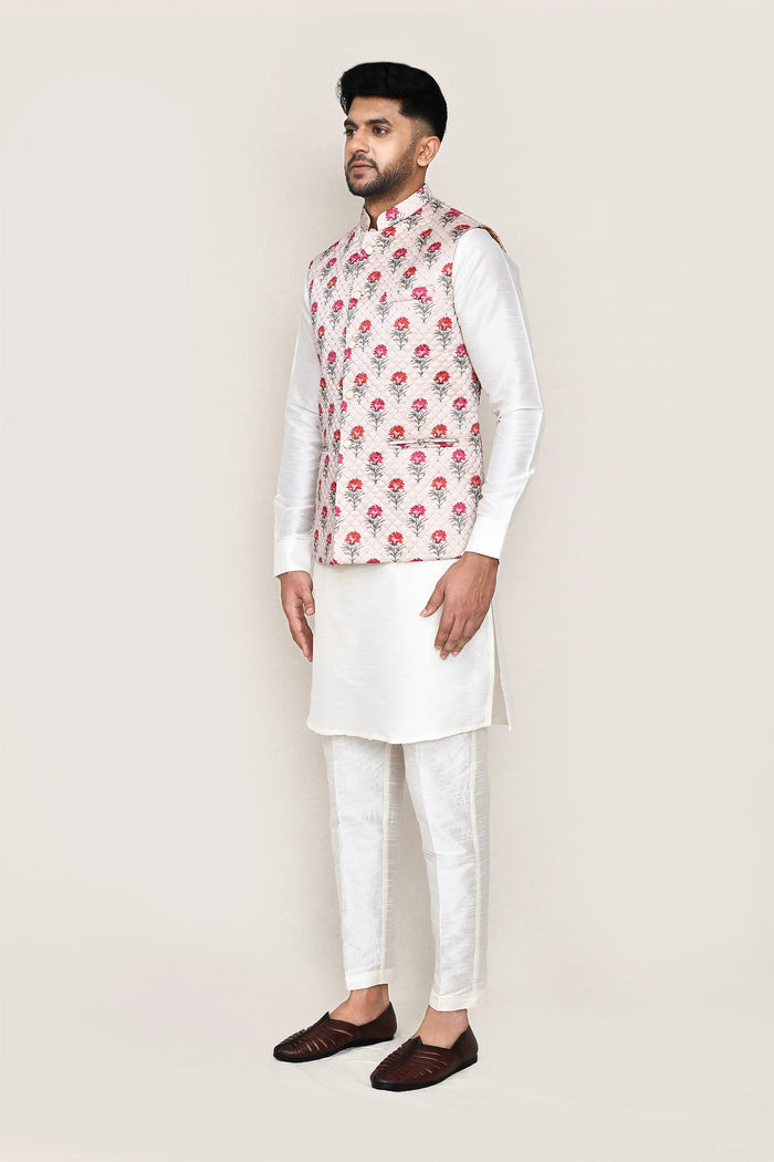 Moon White Art Silk Kurta Set With Floral Jacket