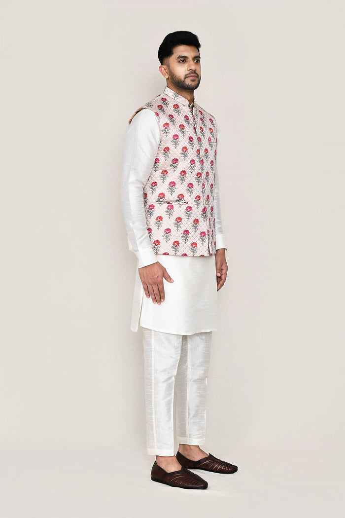 Moon White Art Silk Kurta Set With Floral Jacket