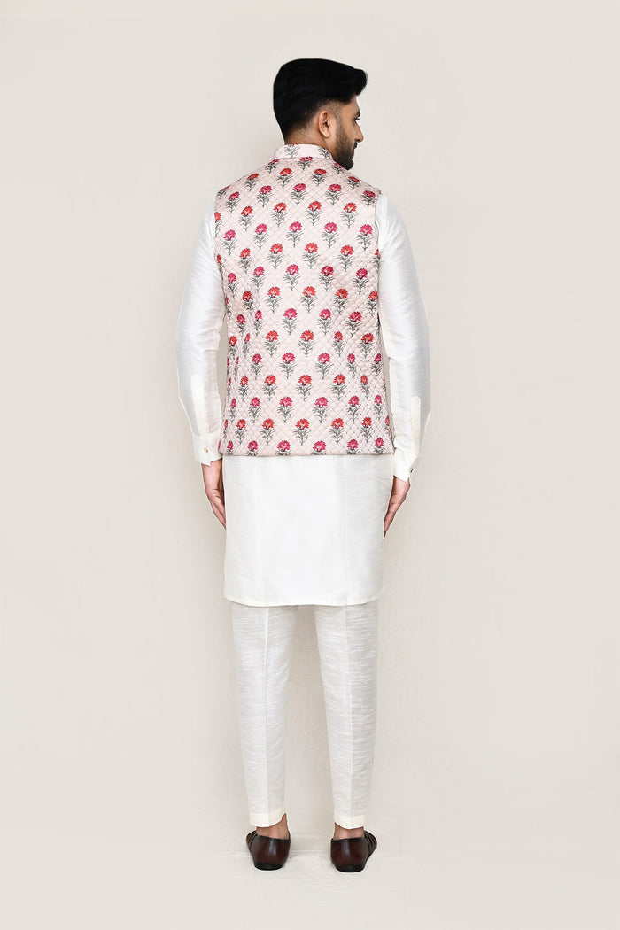 Moon White Art Silk Kurta Set With Floral Jacket