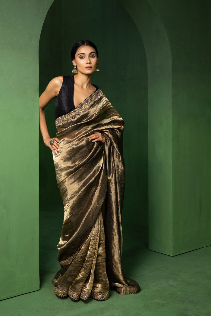 Moonlight Gold Silk Tissue Saree With Fancy Border