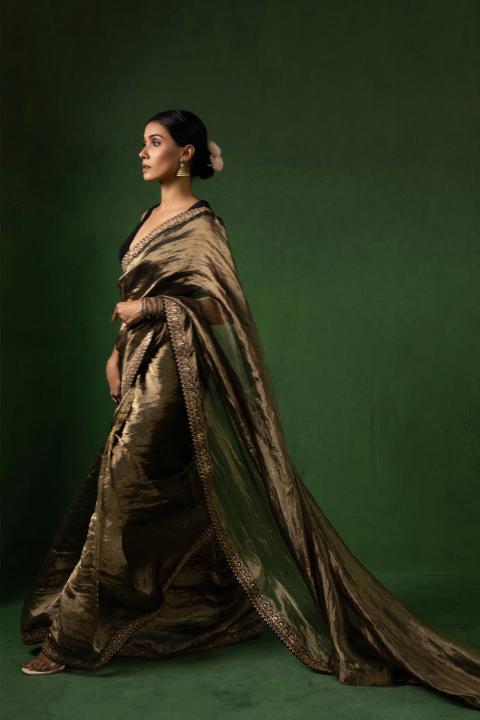 Moonlight Gold Silk Tissue Saree With Fancy Border