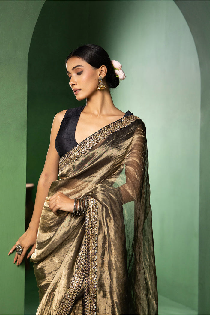 Moonlight Gold Silk Tissue Saree With Fancy Border