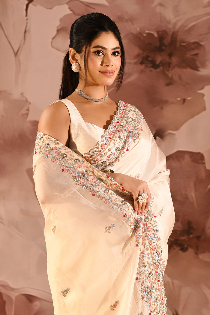 Moonlit Ivory Meenakari Floral Silk Blend Embroidery Saree