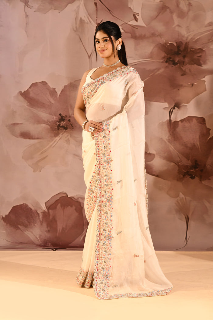 Moonlit Ivory Meenakari Floral Silk Blend Embroidery Saree