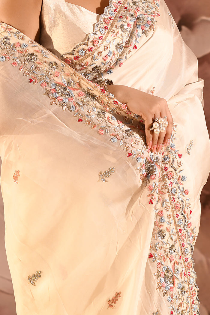 Moonlit Ivory Meenakari Floral Silk Blend Embroidery Saree