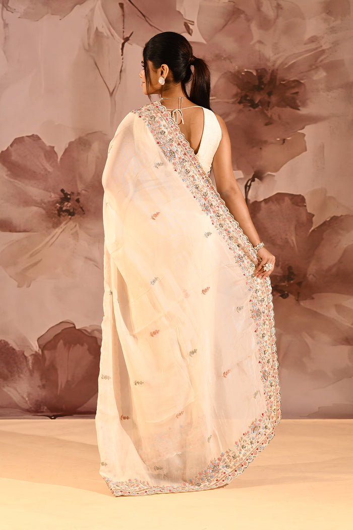 Moonlit Ivory Meenakari Floral Silk Blend Embroidery Saree