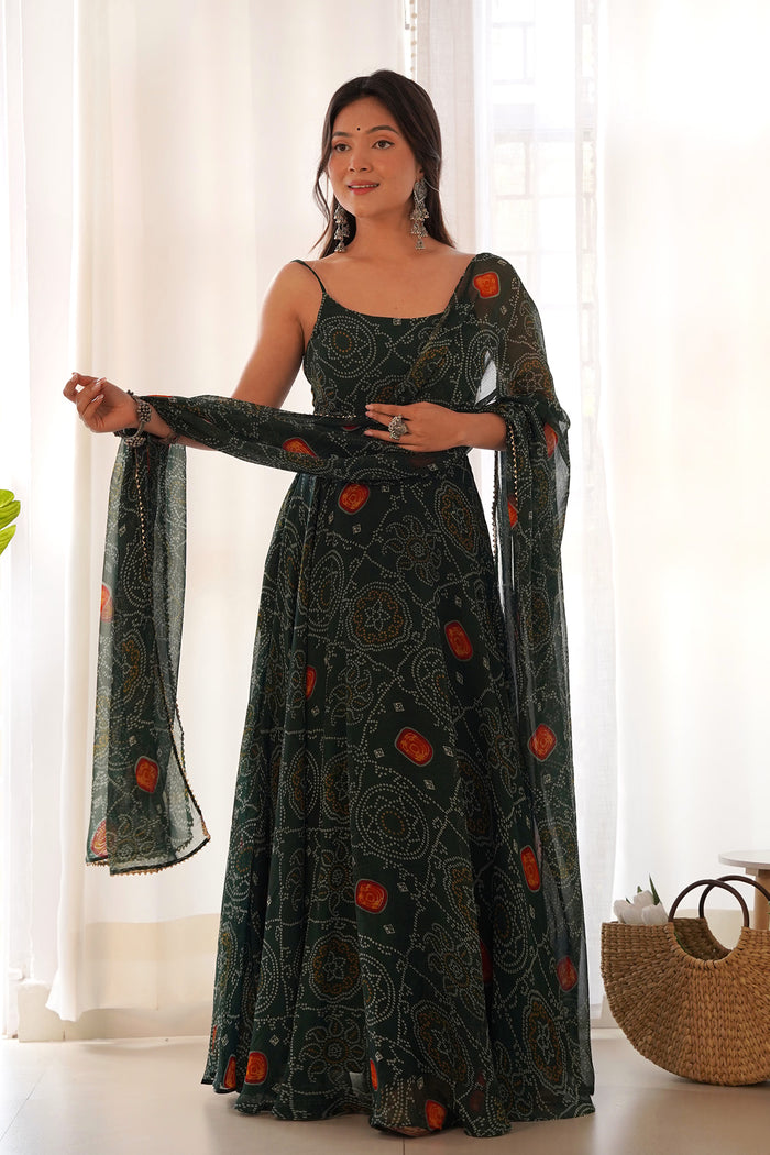 Moss Green Chiffon Bandhani Printed Traditional Gown