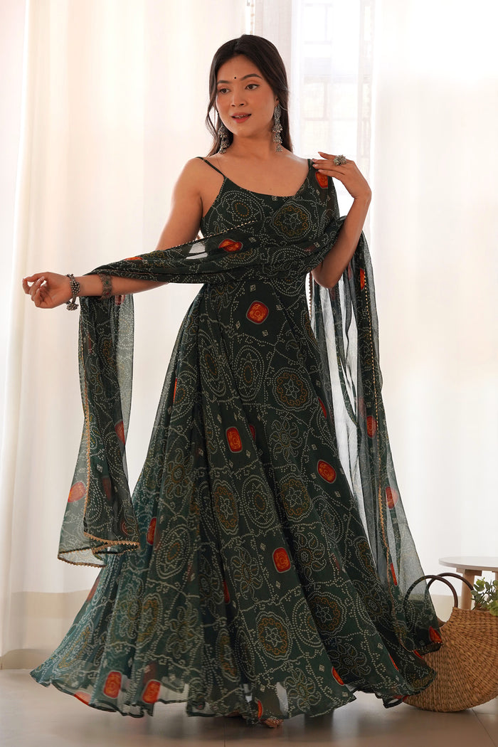 Moss Green Chiffon Bandhani Printed Traditional Gown
