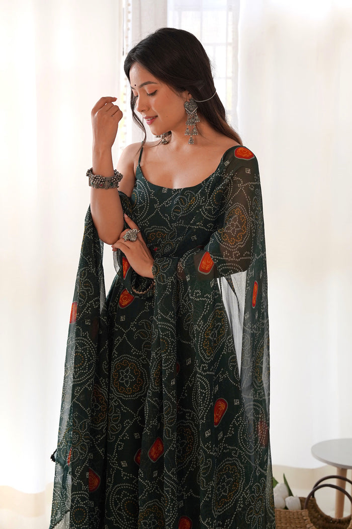 Moss Green Chiffon Bandhani Printed Traditional Gown