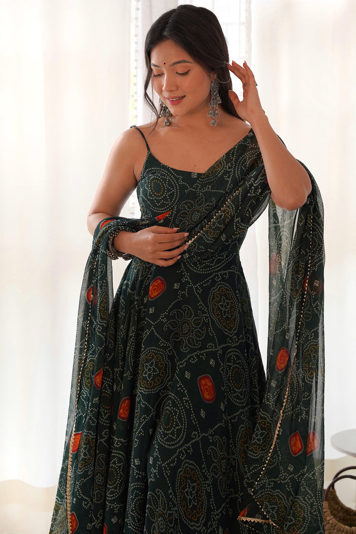 Moss Green Chiffon Bandhani Printed Traditional Gown