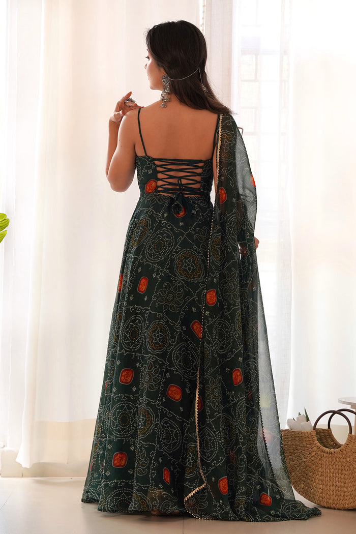 Moss Green Chiffon Bandhani Printed Traditional Gown