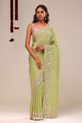 <img> Moss Green Tissue Handcrafted Saree