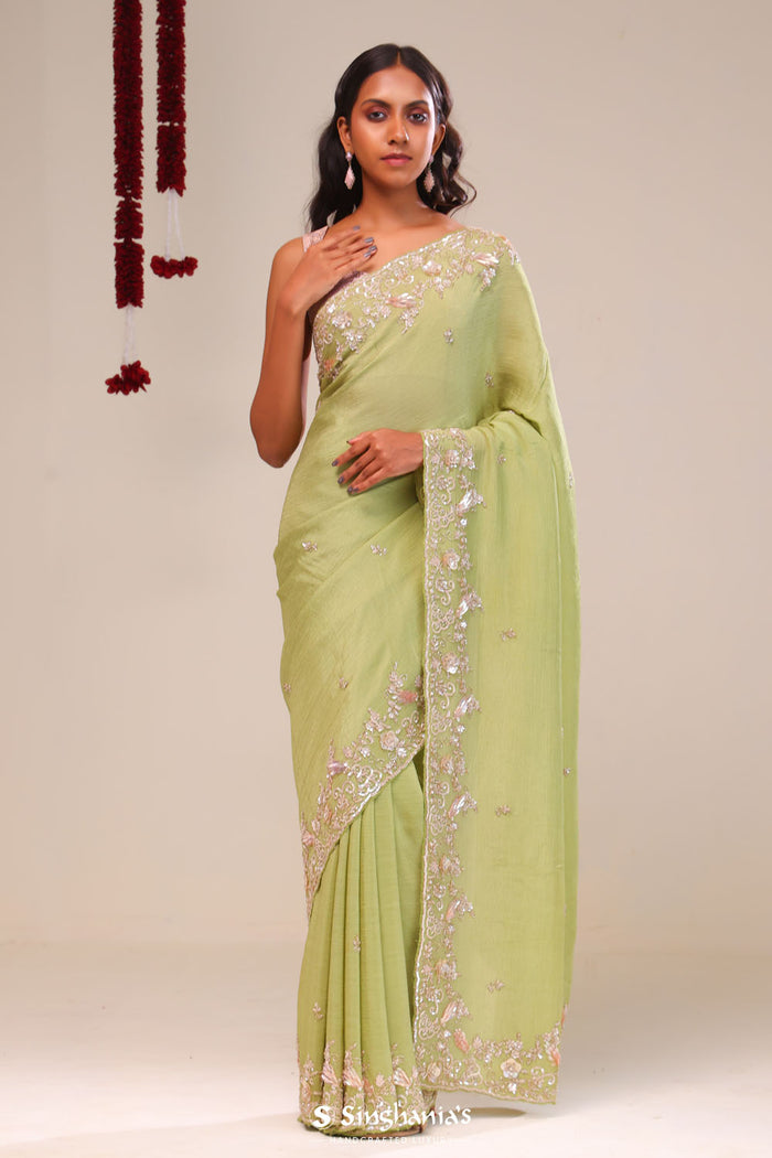 <img> Moss Green Tissue Handcrafted Saree