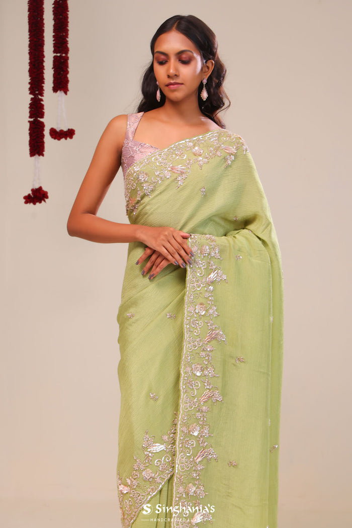 <img> Moss Green Tissue Handcrafted Saree