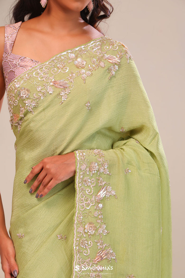 <img> Moss Green Tissue Handcrafted Saree