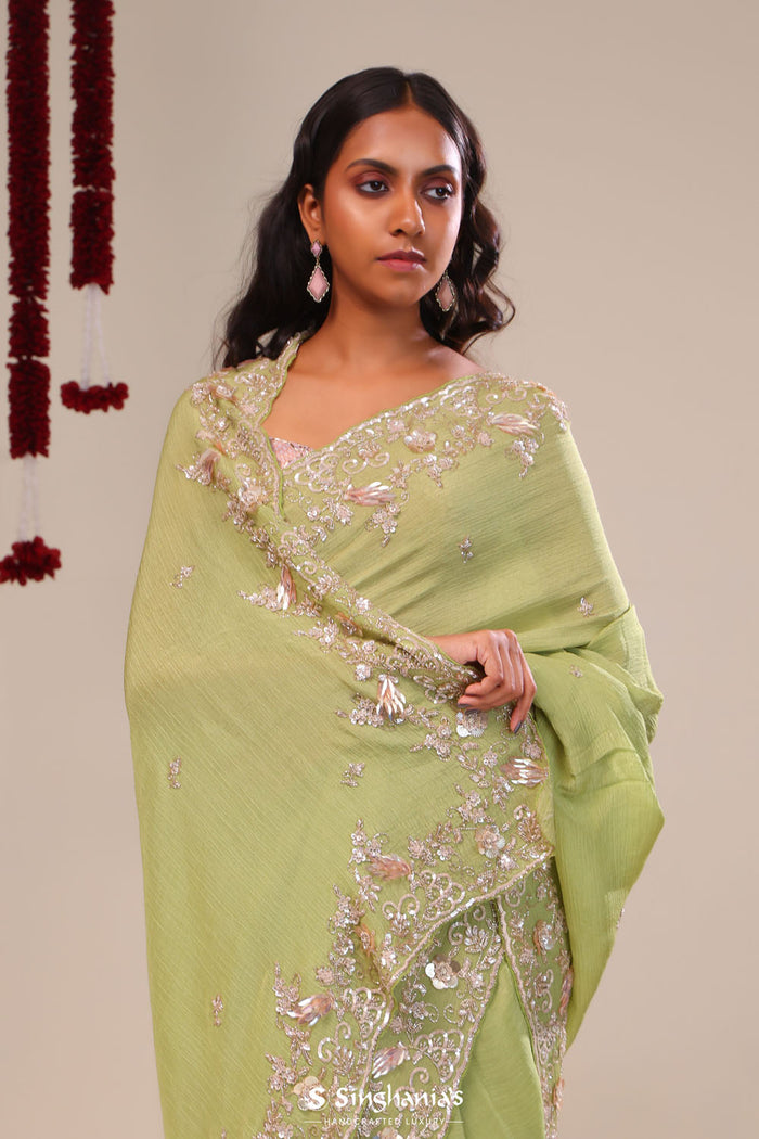 <img> Moss Green Tissue Handcrafted Saree