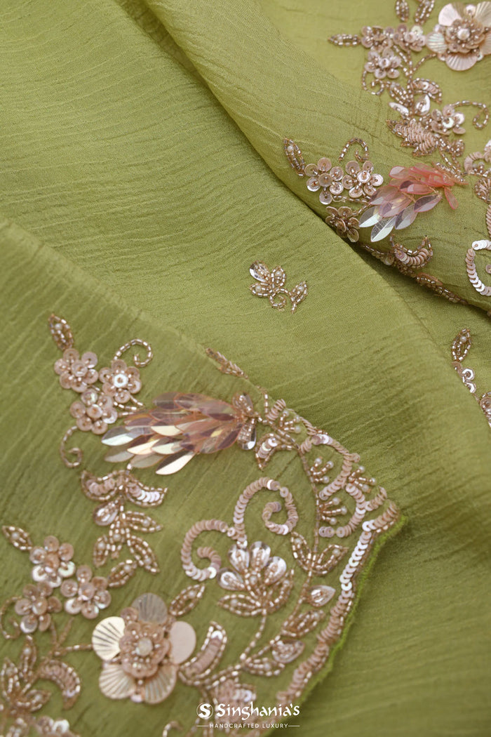 <img> Moss Green Tissue Handcrafted Saree