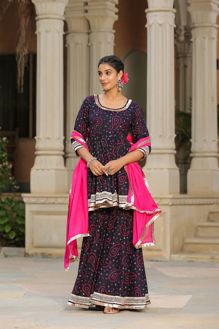 <img> Mulberry Blue Cotton Bandhani Printed Sharara Set
