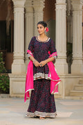 <img> Mulberry Blue Cotton Bandhani Printed Sharara Set