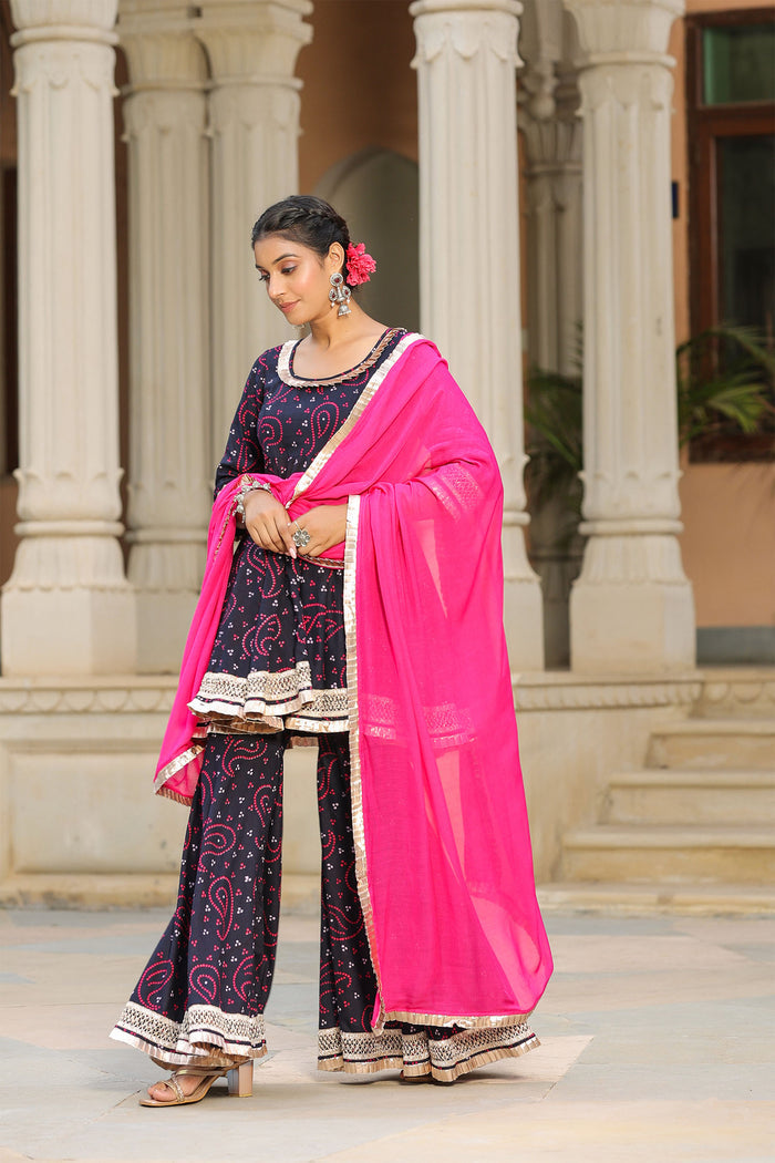 <img> Mulberry Blue Cotton Bandhani Printed Sharara Set