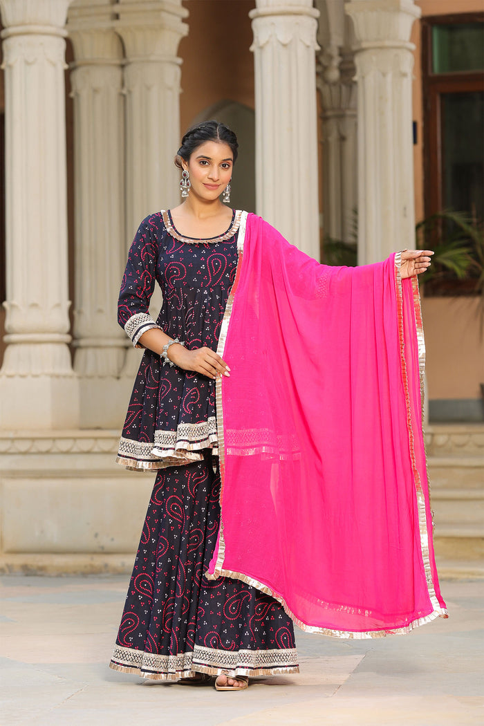 <img> Mulberry Blue Cotton Bandhani Printed Sharara Set