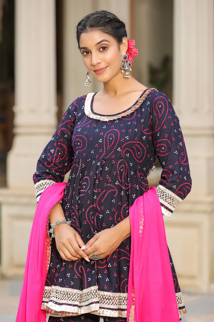 <img> Mulberry Blue Cotton Bandhani Printed Sharara Set