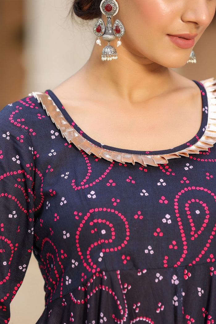 <img> Mulberry Blue Cotton Bandhani Printed Sharara Set