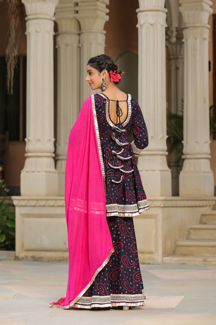 <img> Mulberry Blue Cotton Bandhani Printed Sharara Set