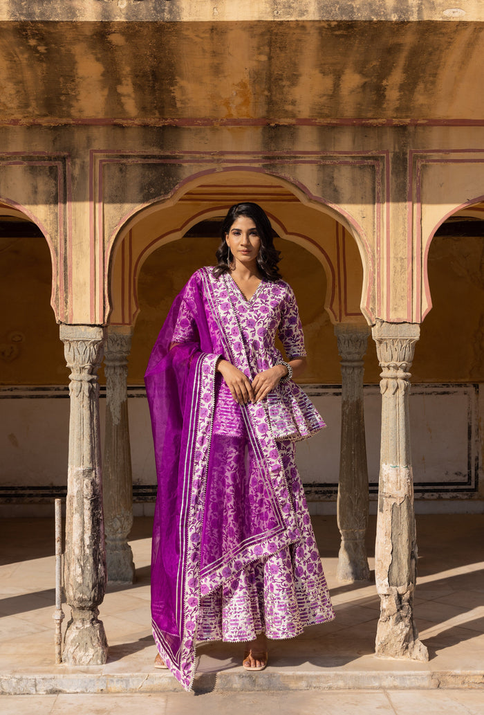 Multi-Tone Abstract Printed Layered Cotton Indo Western Set