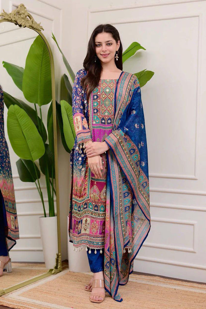 Multicolour Blue Chinon Printed Kurta Set