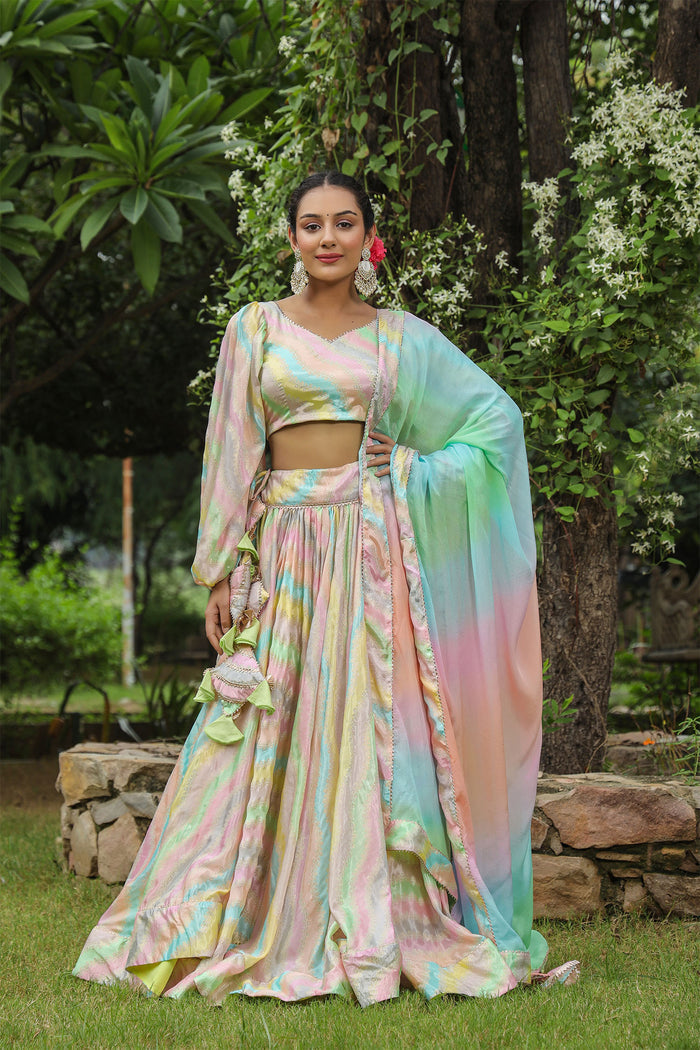 <img> Multicolour Chinon Floral Printed Lehenga Set