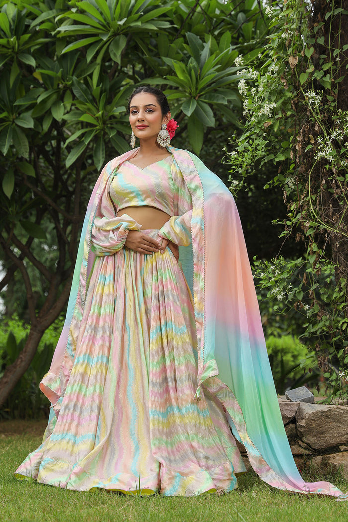 <img> Multicolour Chinon Floral Printed Lehenga Set