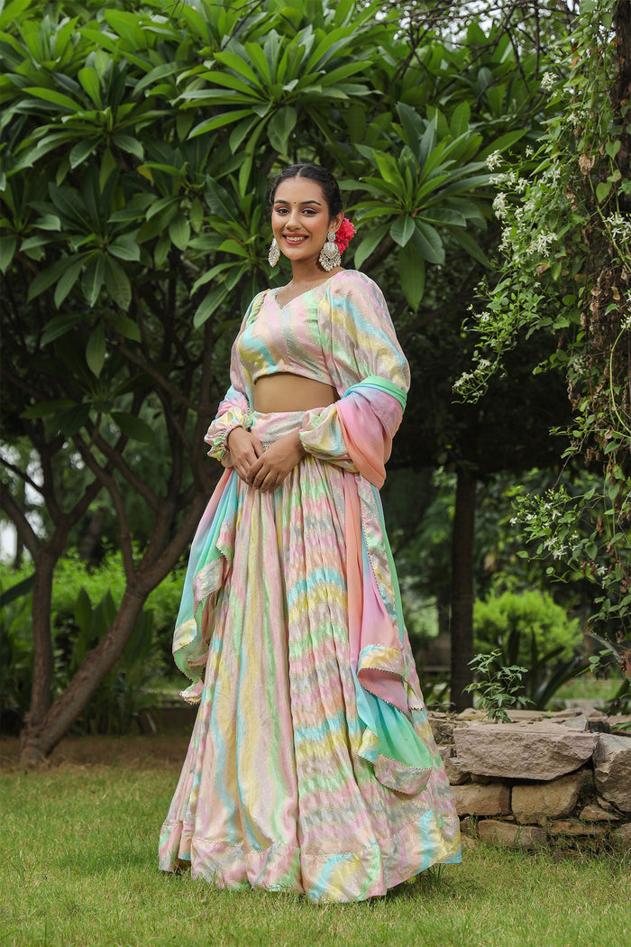 <img> Multicolour Chinon Floral Printed Lehenga Set