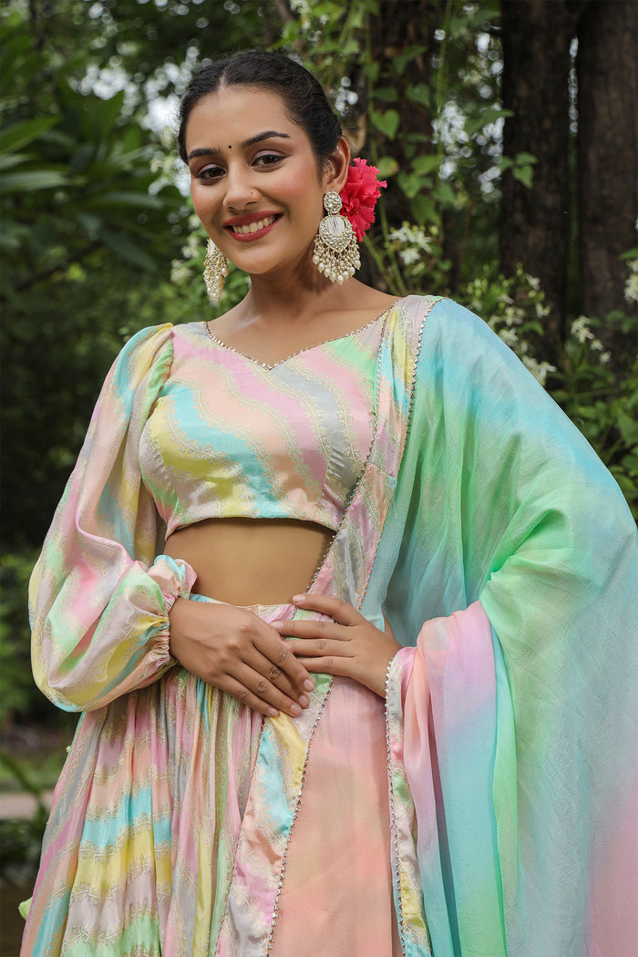 <img> Multicolour Chinon Floral Printed Lehenga Set
