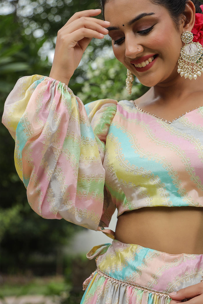 <img> Multicolour Chinon Floral Printed Lehenga Set