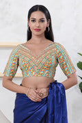 Multicolour Green Cotton Printed Schiffli Blouse