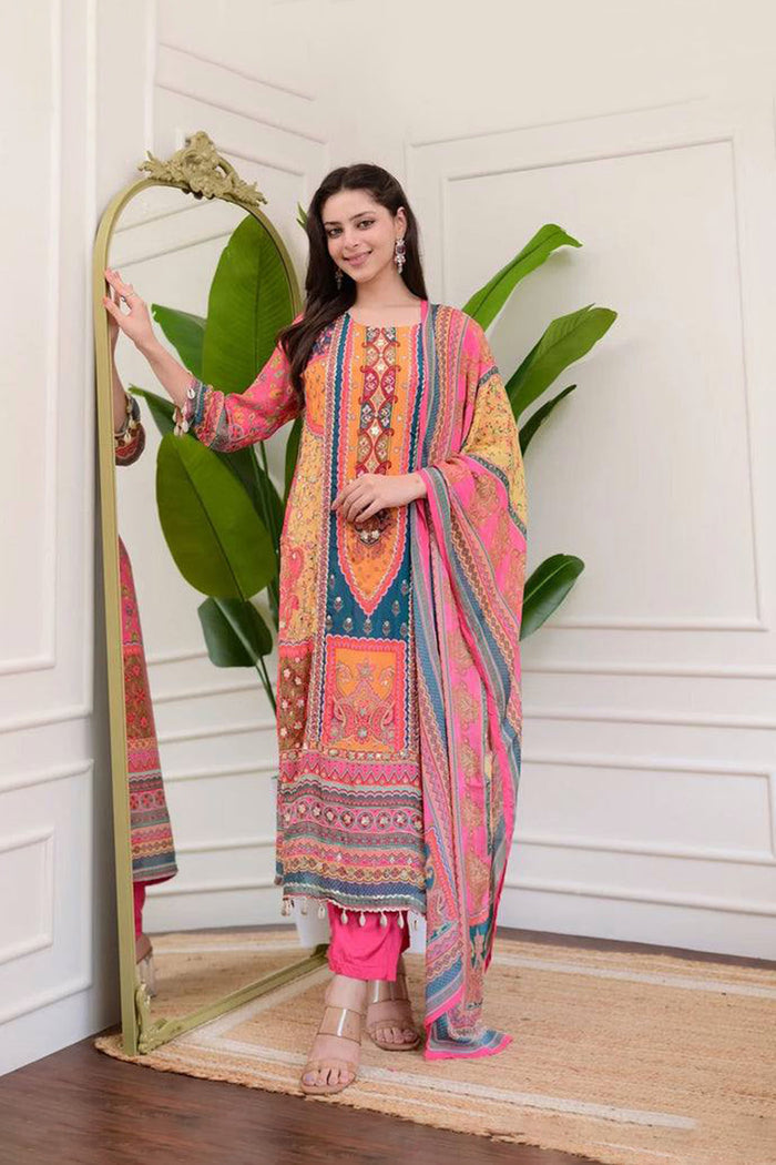 Multicolour Pink Chinon Printed Kurta Set