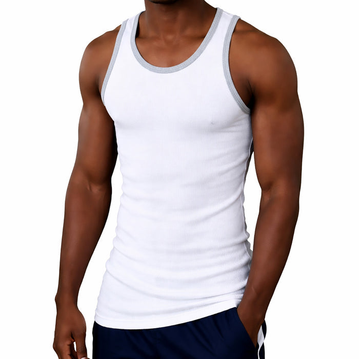 Person wearing a white tank top on a white background