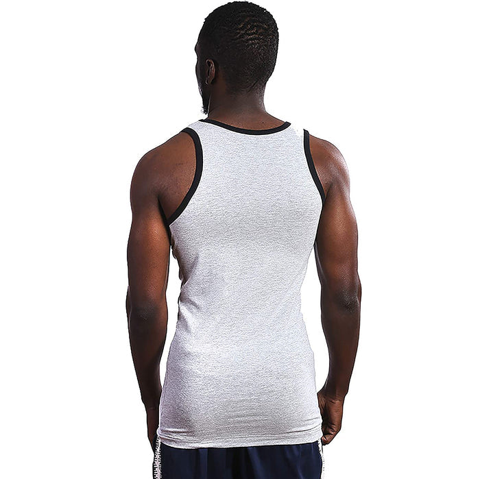 Person wearing a white tank top with black trim on a white background