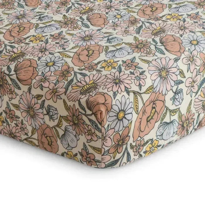 Mushie - Extra Soft Muslin Crib Sheet - Retro Flowers-Crib Sheets-Posh Baby