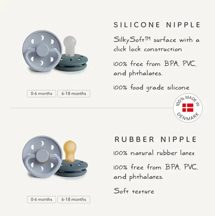 Mushie - FRIGG Moon Natural Rubber Pacifier 2-Pack - Sage & Portobello-Pacifiers + Clips-0-6 Months-Posh Baby