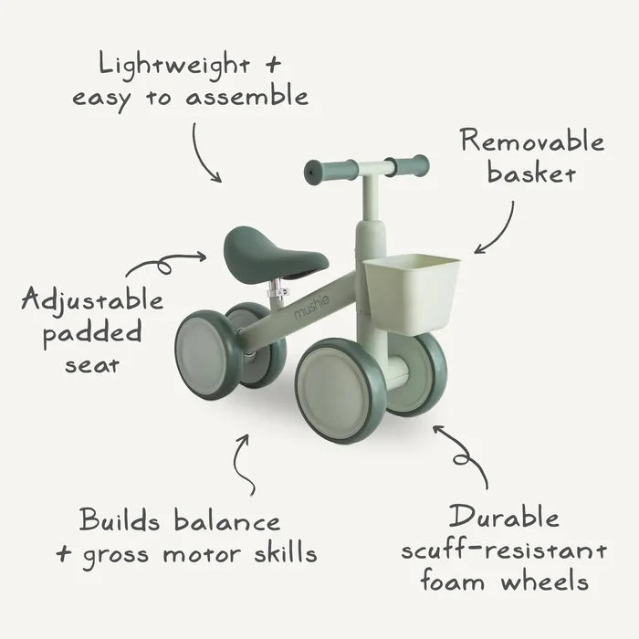 Children's tricycle with features listed on a white background