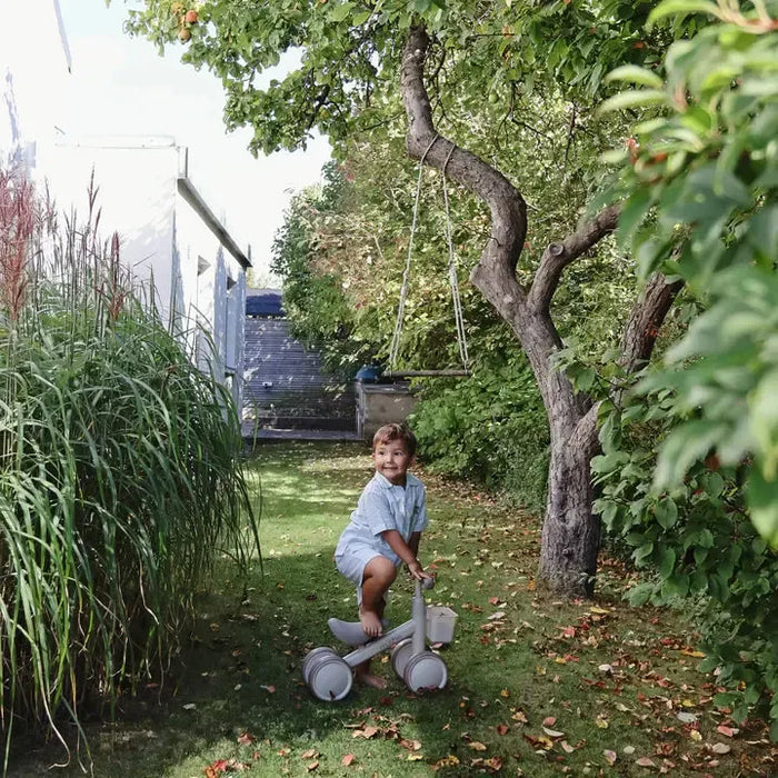 Child playing with a tricycle in a garden setting