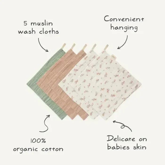Mushie - Muslin Cotton Washcloth 5-Pack - Pastel Blooms-Towels + Washcloths-Posh Baby