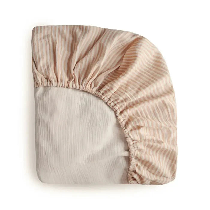 Mushie - Muslin Mini Crib Sheet - Natural Stripe-Mini Crib Sheets-Posh Baby