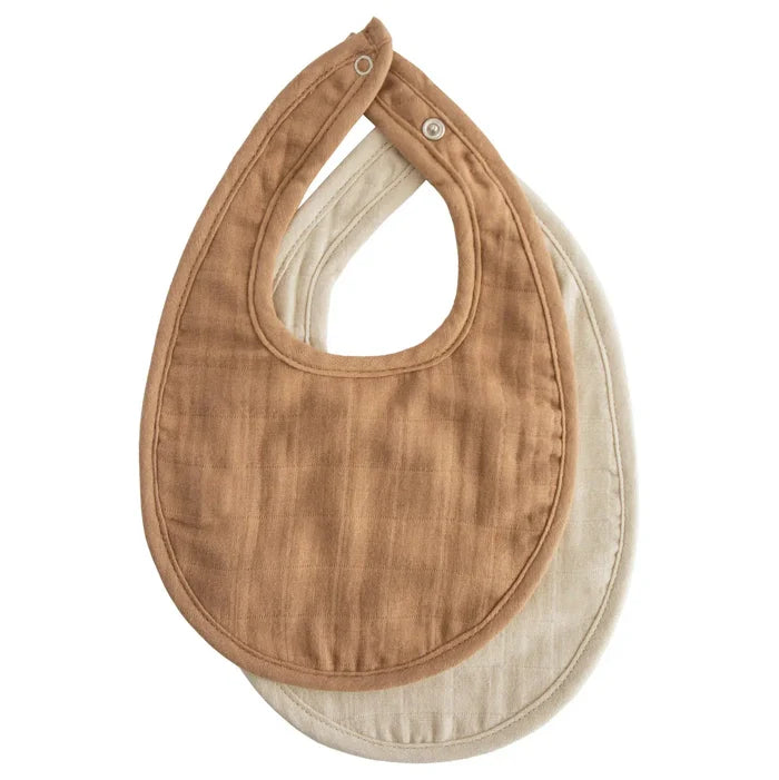 Mushie - Organic Cotton Muslin Bib 2-Pack - Tan & Fog-Bibs + Burps-Posh Baby