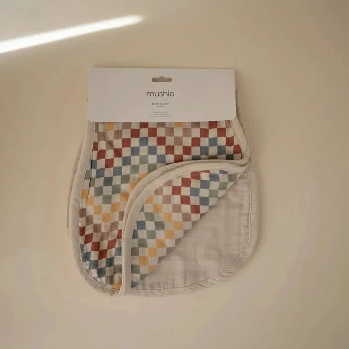 Mushie - Organic Cotton Muslin Burp Cloth 2-Pack - Retro Check & Fog-Bibs + Burps-Posh Baby