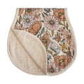 Floral-patterned burp cloth with beige interior on a white background
